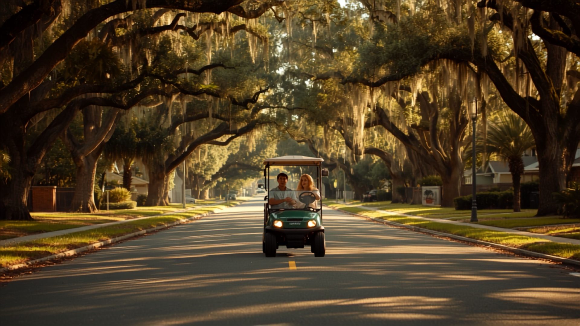 Golf cart on a tree-lined neighborhood street