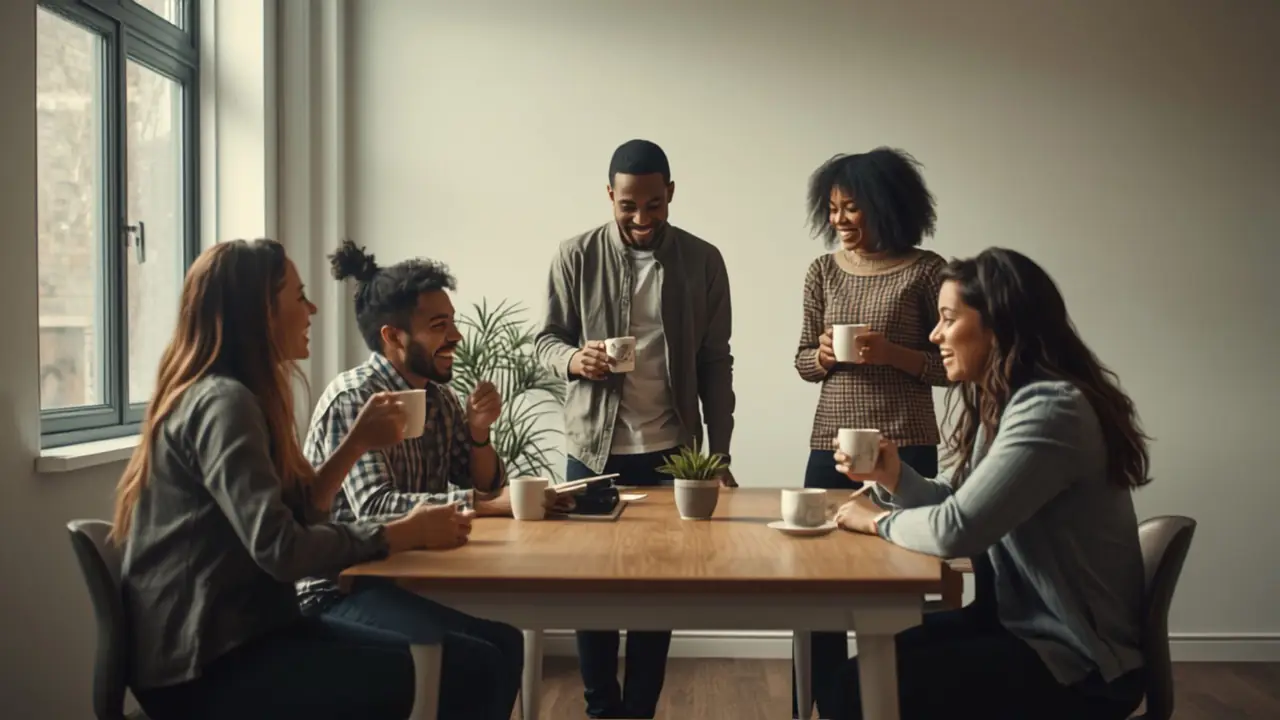 Team sharing coffee in an office break room