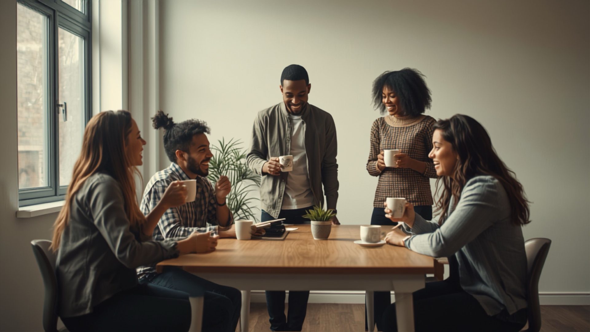 Team sharing coffee in an office break room
