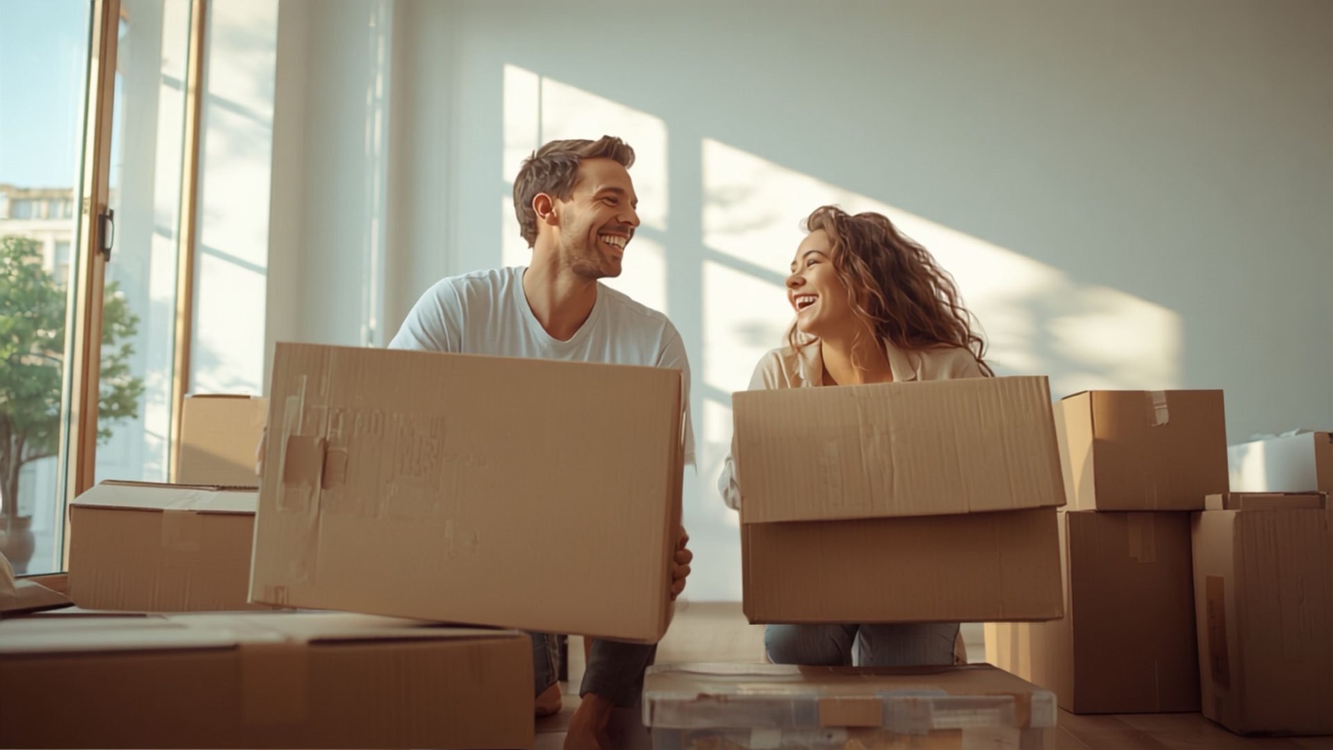 Couple unpacking boxes in a new apartment